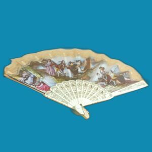Vintage Style Lace Folding Hand Fan White & Gold Pastoral Scene 20"